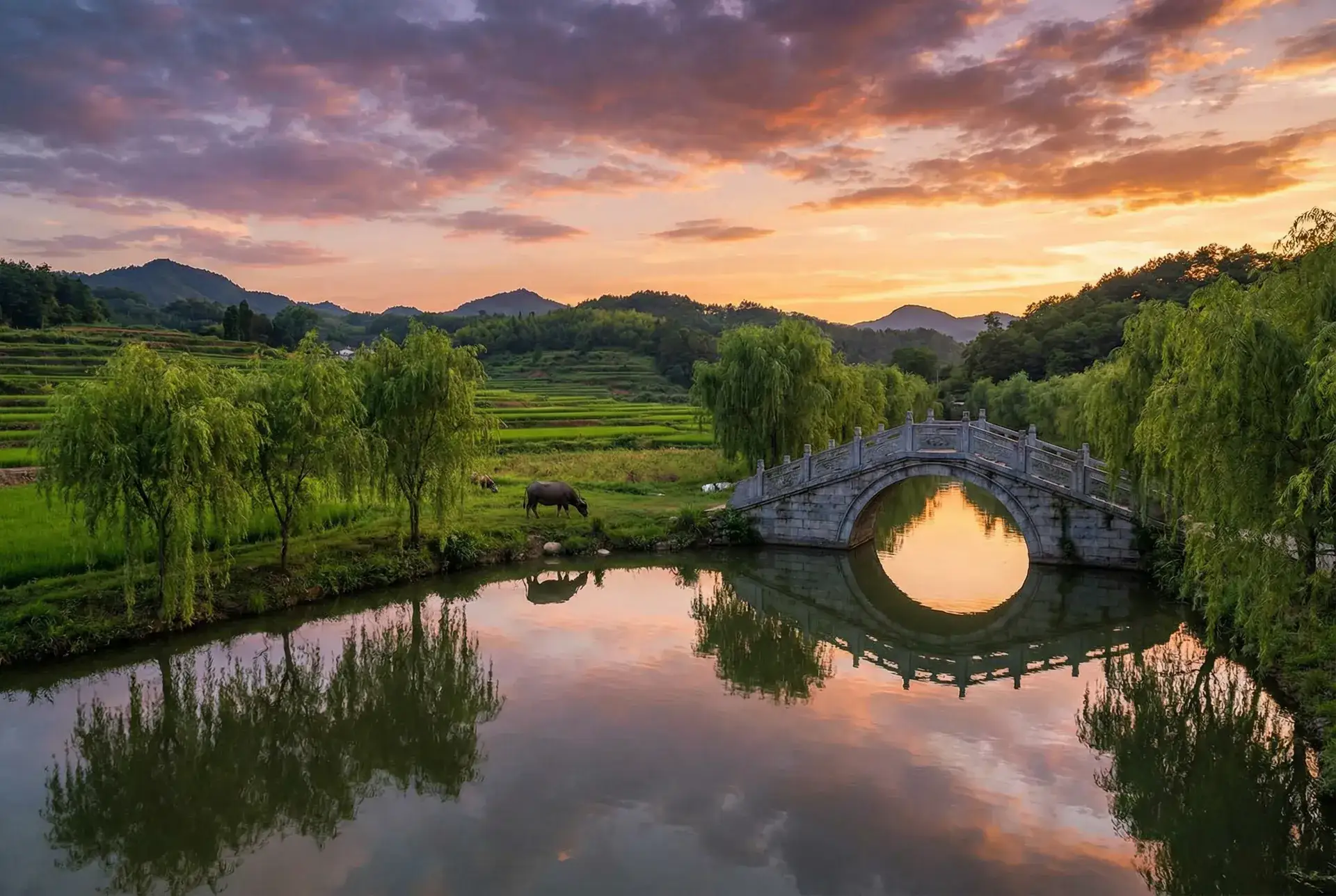 夕阳下的石拱桥与垂柳，水牛在河边吃草 - 美国式禁忌15桥矿超棒视频 乡村美景